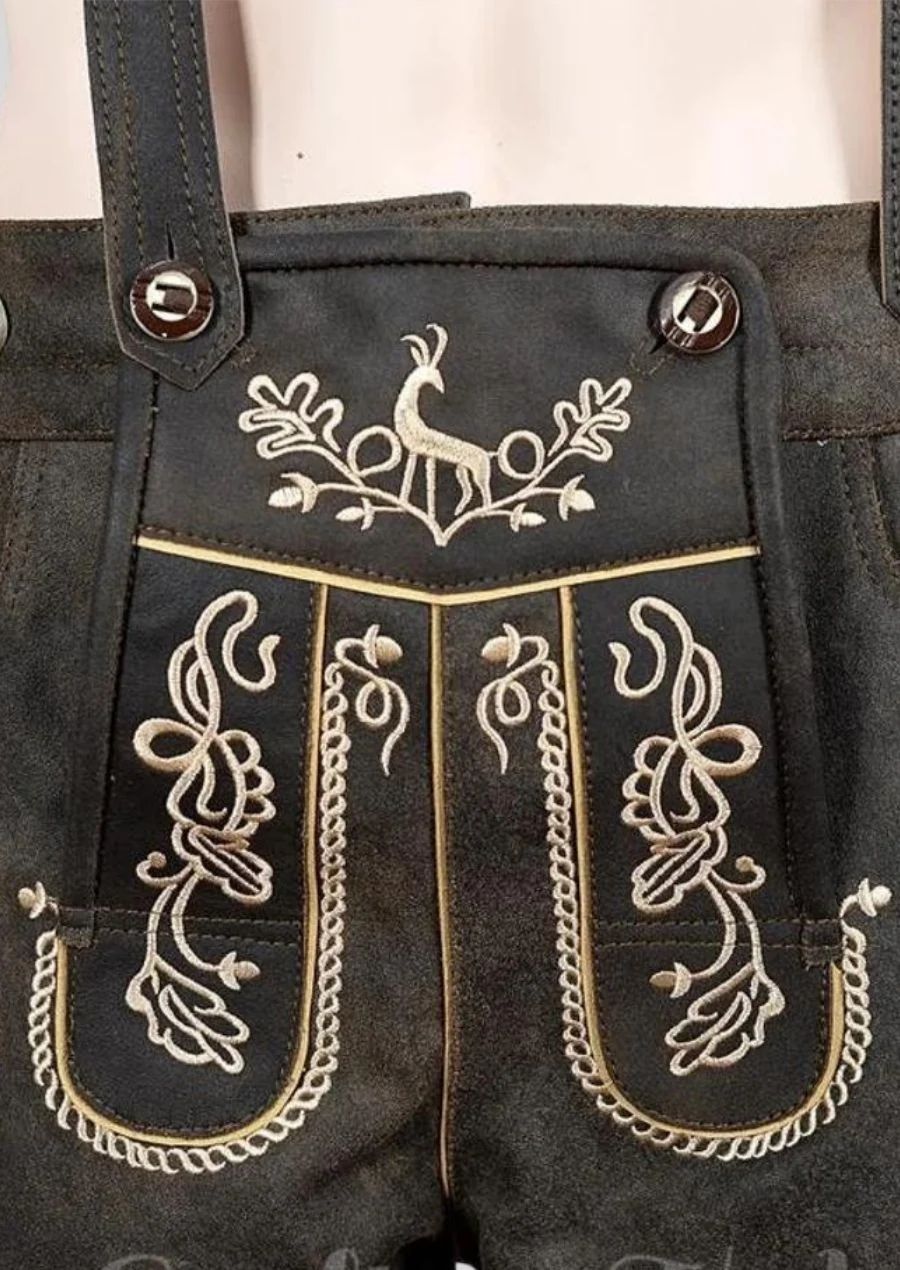 Black suede lederhosen with embroidered deer motif suspenders and heritage-inspired folk styling