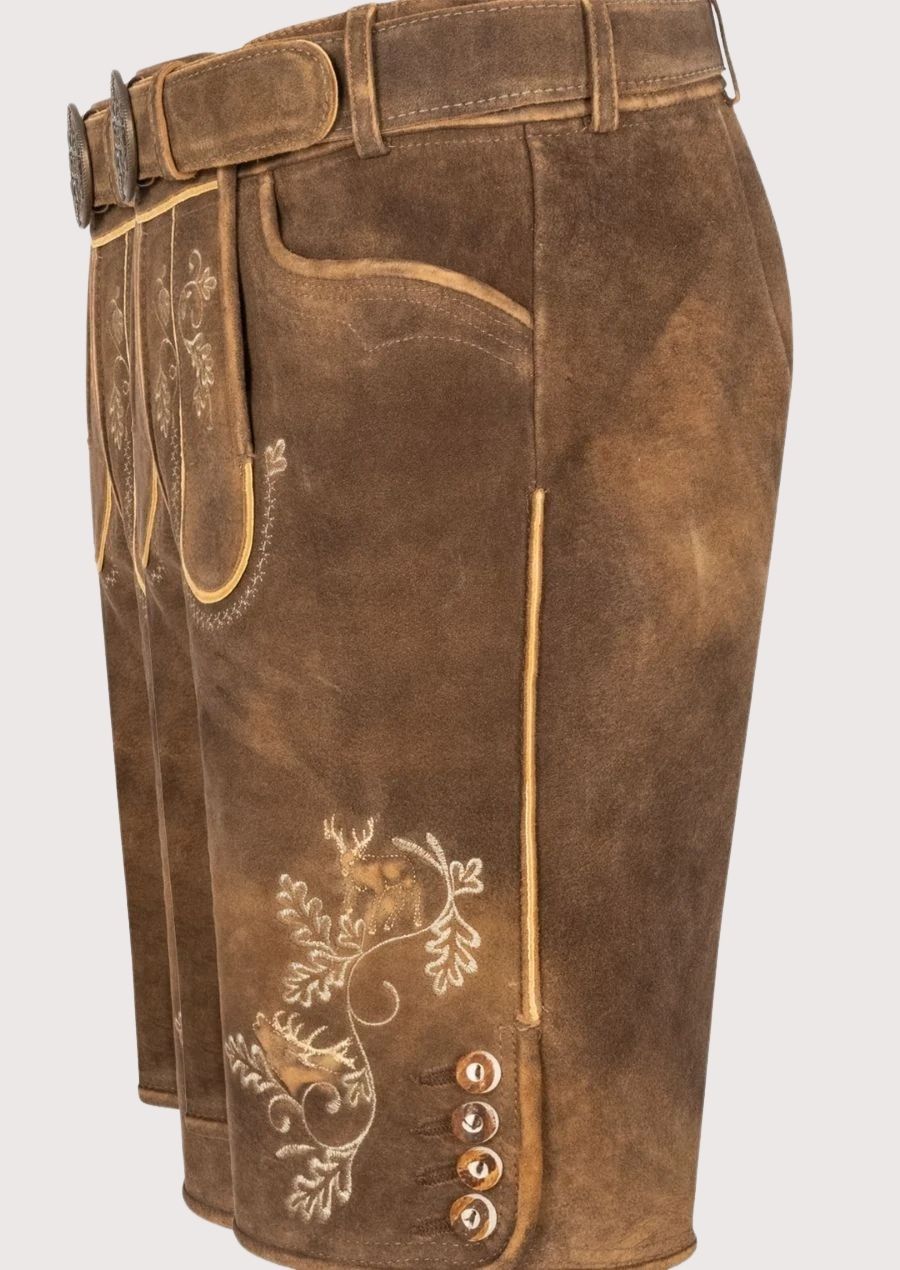 Rustic brown suede lederhosen showcasing detailed deer embroidery and heritage German folkwear design