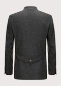 Classic Bavarian loden jacket in charcoal grey with stand-up collar, natural buttons, front flap pockets, and structured back waist detail.