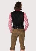 Men’s Traditional Bavarian Vest in red velvet with wooden buttons and embroidered detailing, perfect for rustic gatherings and festivals.

