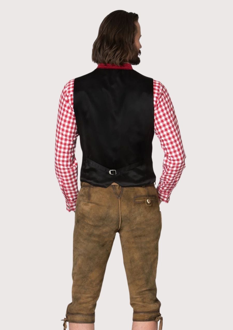 Men’s Traditional Bavarian Vest in red velvet with wooden buttons and embroidered detailing, perfect for rustic gatherings and festivals.

