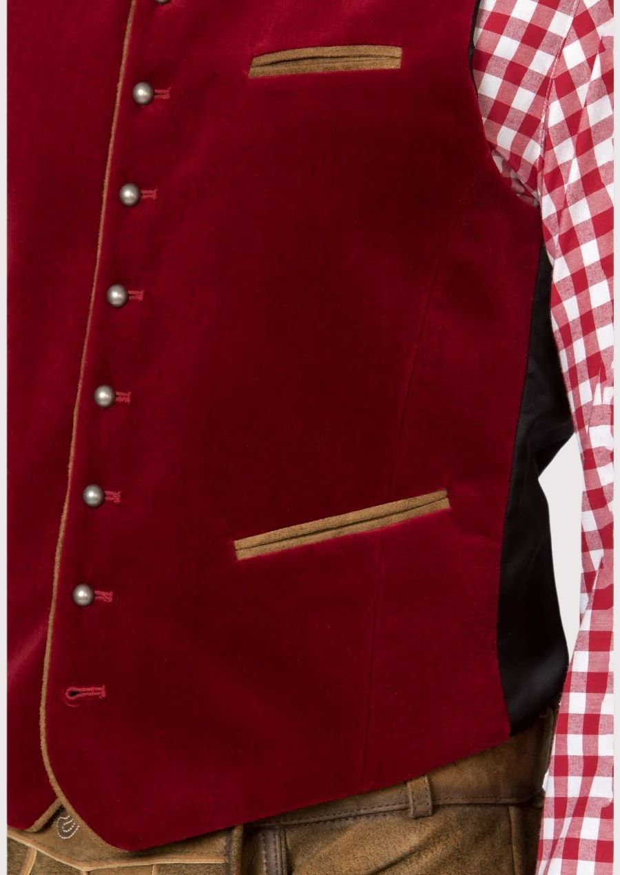Elegant red velvet Bavarian vest with wooden buttons, perfect for cultural events, Oktoberfest, and weddings.

