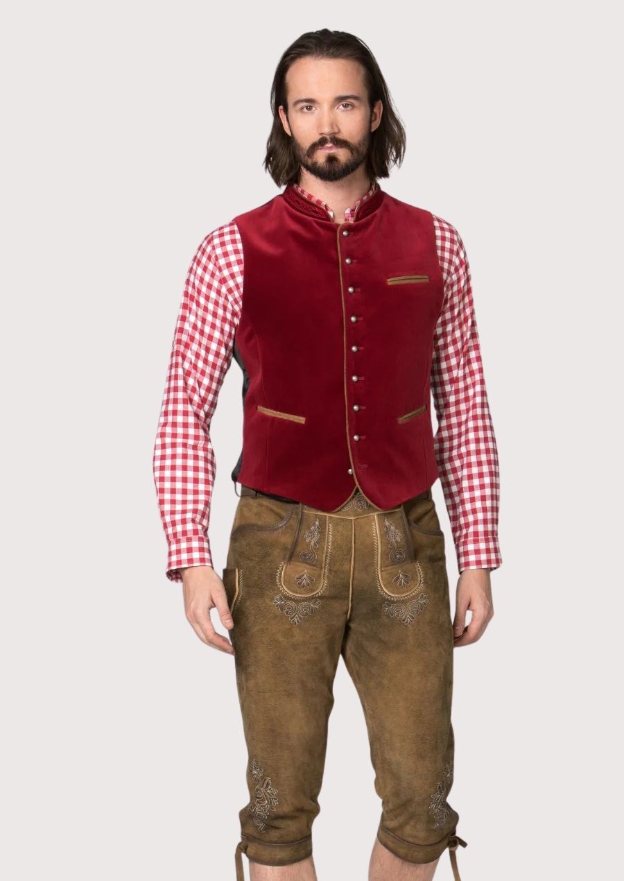 Traditional Bavarian Vest for men in red velvet with wooden buttons, perfect for Oktoberfest and cultural events.

