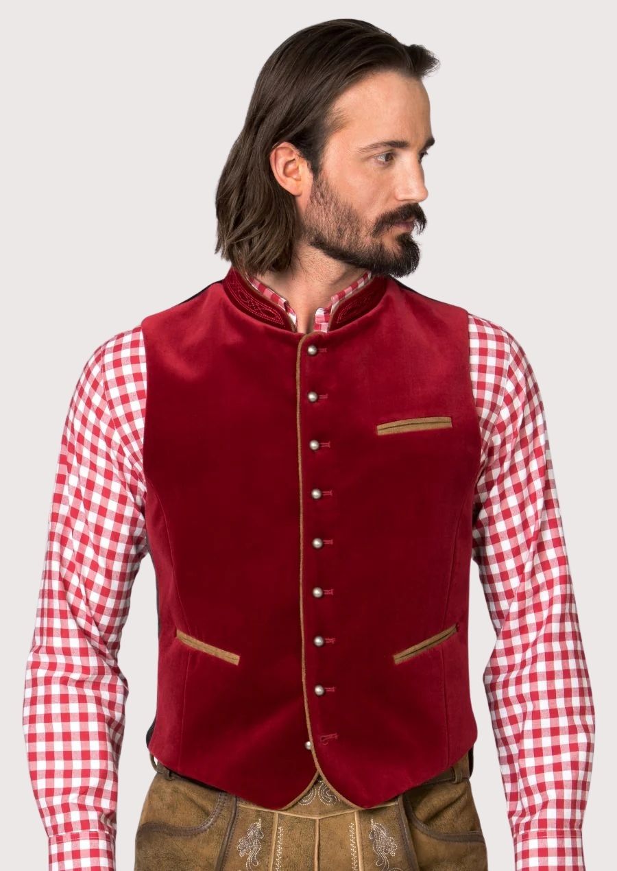 Traditional Bavarian Vest for men in red velvet with wooden buttons, perfect for Oktoberfest and cultural events.

