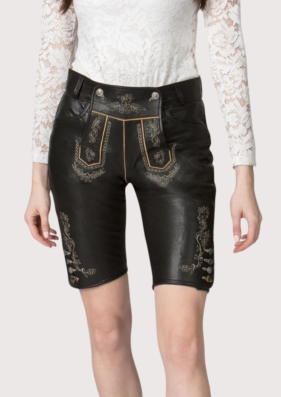 Traditional women’s black lederhosen shorts showcasing classic German craftsmanship