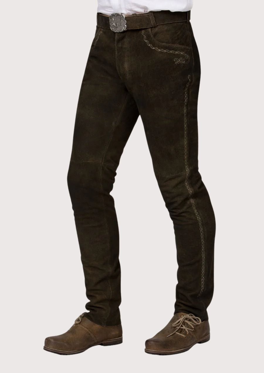 Traditional black Trachtenhose in suede leather with tailored fit, rustic finish, and German folkwear inspiration