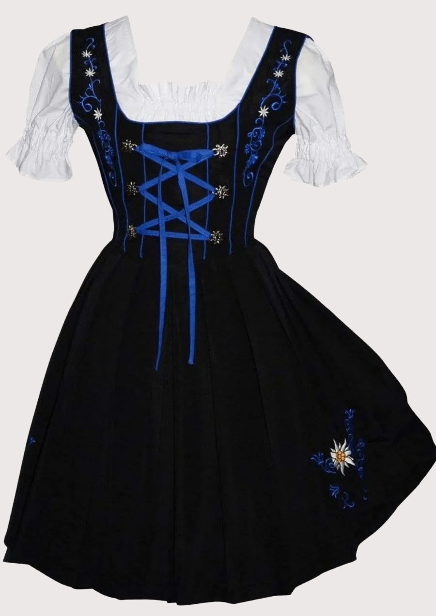 Traditional Alpine Dirndl dress featuring a black skirt, royal blue apron, embroidered trim, corset-style bodice, and authentic German folk fashion.
