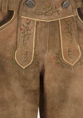 Traditional brown suede lederhosen with knee-length cut and classic Bavarian embroidery