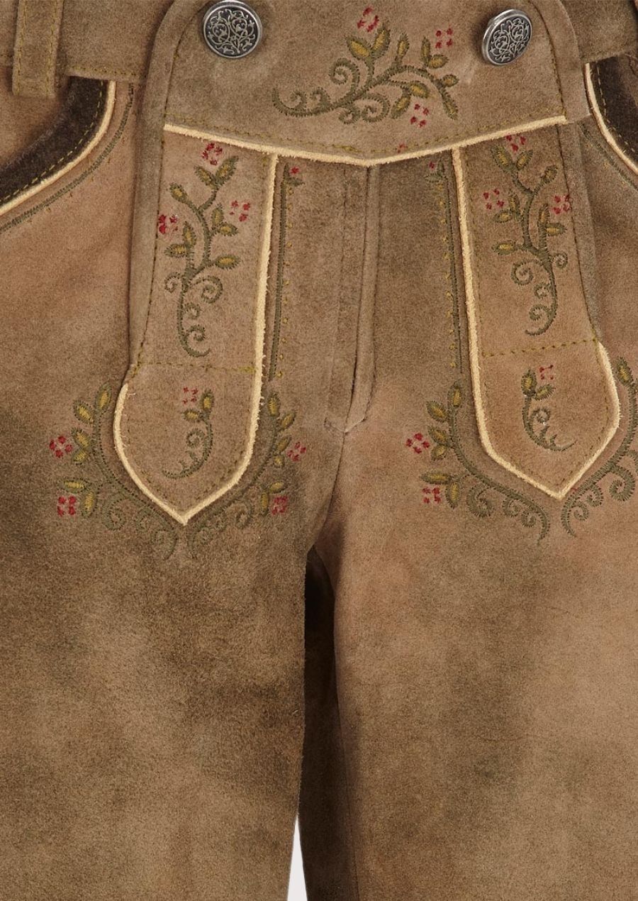Traditional brown suede lederhosen with knee-length cut and classic Bavarian embroidery