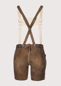 Traditional brown alpine lederhosen with suspenders and floral embroidery details