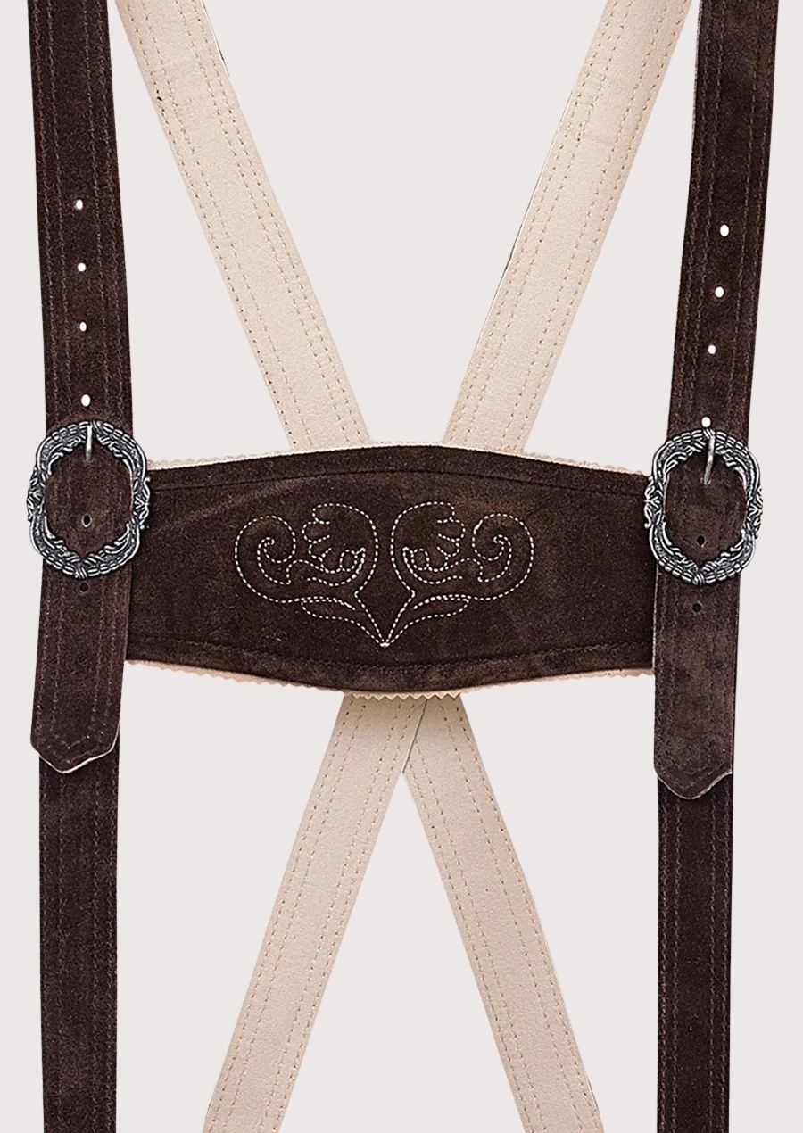 Traditional dark brown Bundhosen designed for Oktoberfest with authentic Alpine styling and knee-length fit