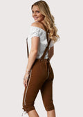 Chestnut brown women's lederhosen with floral embroidery, white piping, suspenders, and knee-length fit.