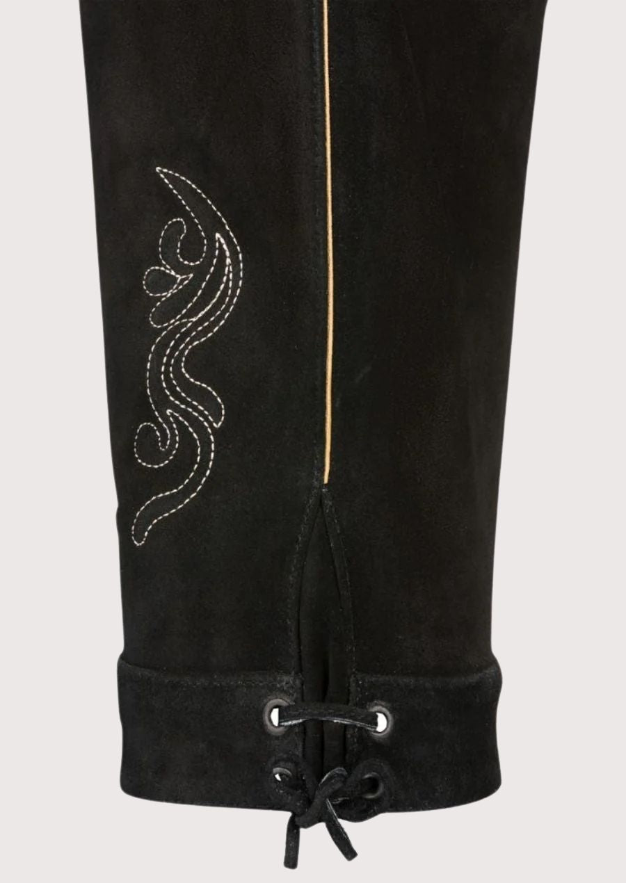 Traditional German Bundhosen with braces, ornate embroidery, and authentic Alpine craftsmanship