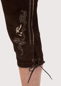 Traditional German Bundhosen with deer motif embroidery, suspenders, and authentic Alpine styling