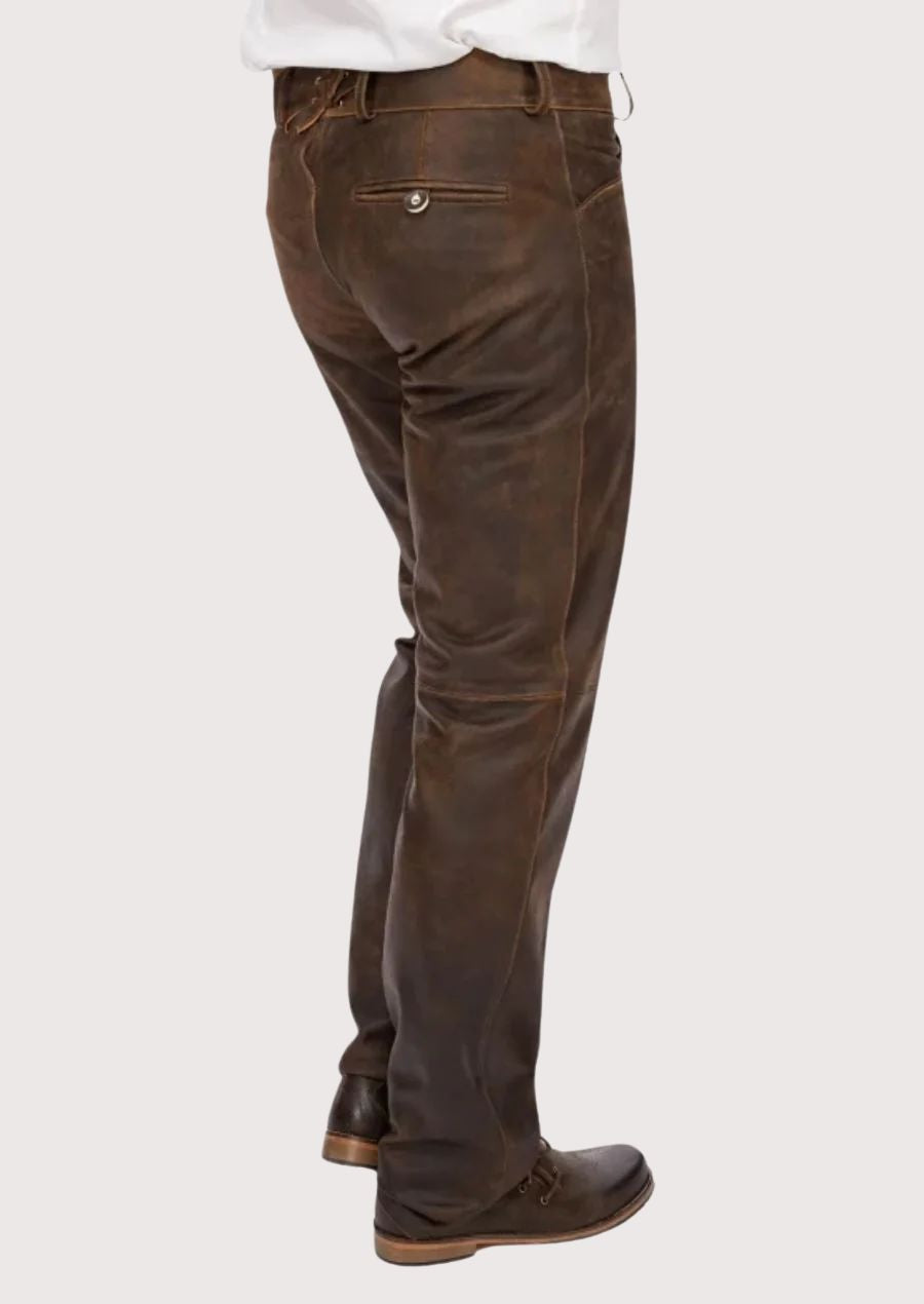 Traditional German leather pants with rustic look, tailored design, and premium handcrafted detailing