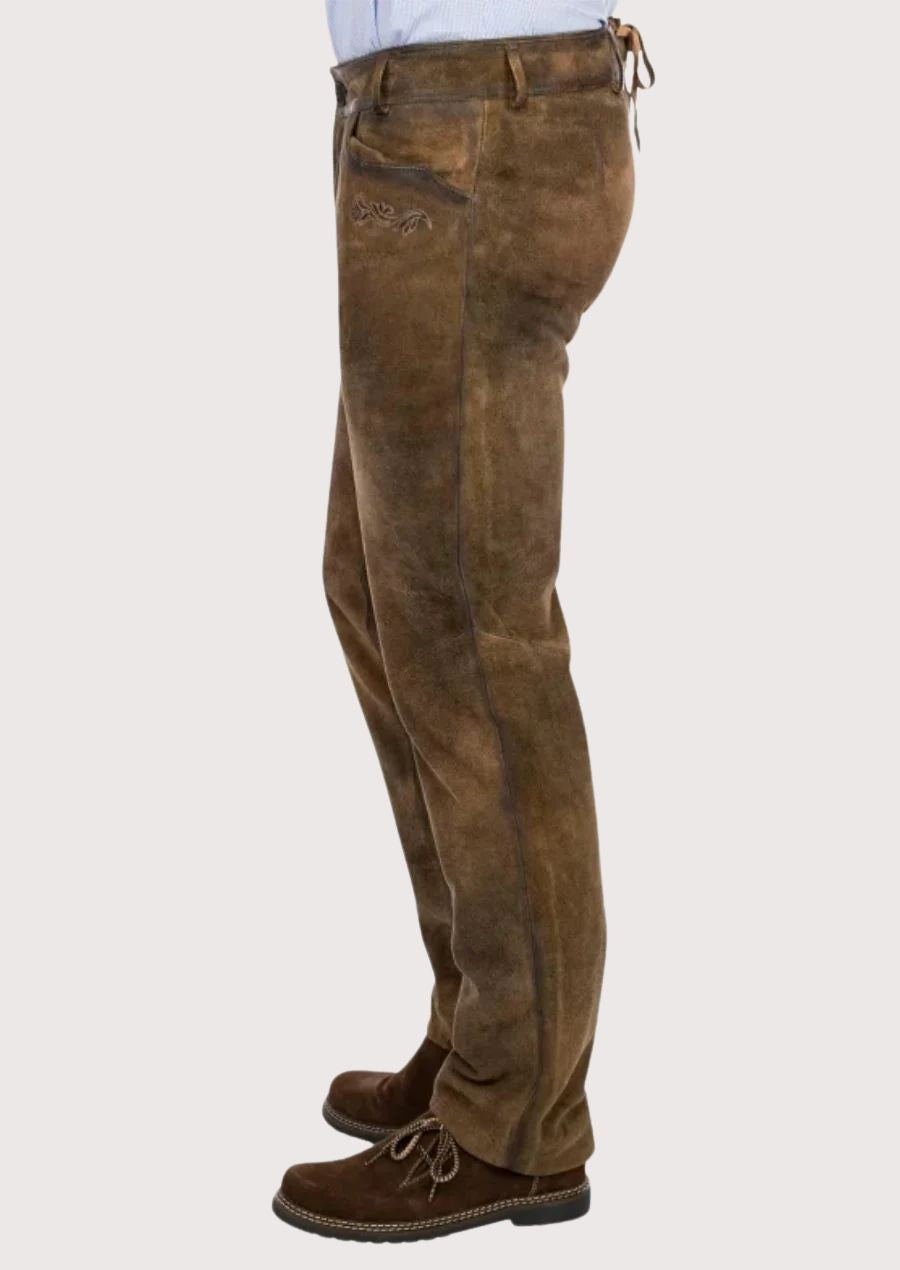 Traditional German leather trousers for men with a classic silhouette, handcrafted details, and heritage appeal