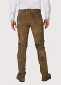 Traditional German leather trousers in brown suede with elegant belt buckle and timeless Bavarian appeal