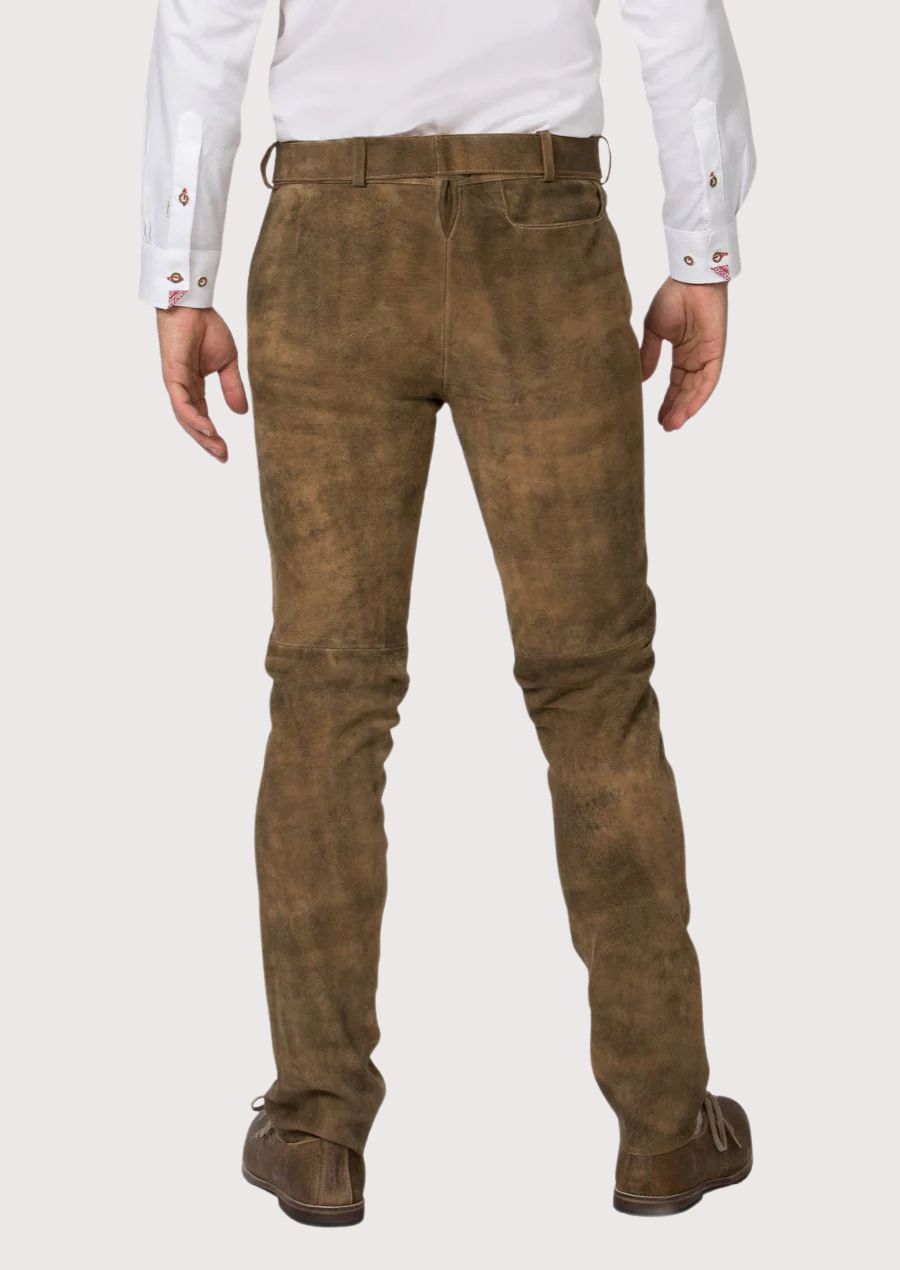 Traditional German leather trousers in brown suede with elegant belt buckle and timeless Bavarian appeal