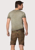 Traditional German lederhosen crafted from premium goatskin suede with olive embroidered motifs