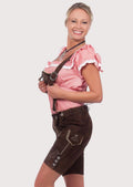 Traditional German women's lederhosen outfit with embroidered leather shorts, classic suspenders, and Oktoberfest-ready appeal.