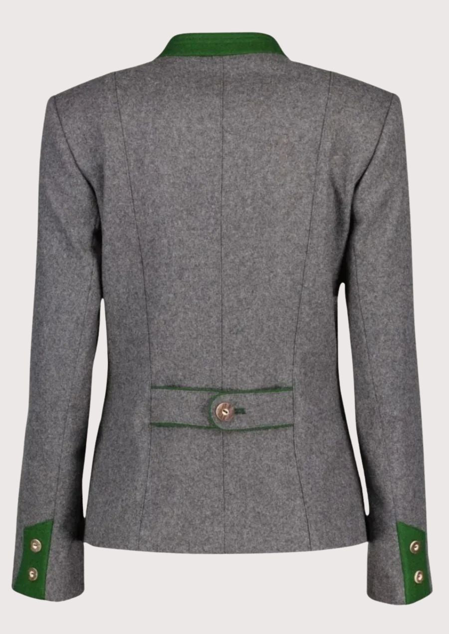 Traditional Bavarian-style women’s jacket in grey wool fabric.