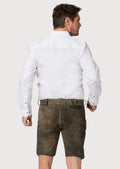 Traditional leather lederhosen shorts designed for Oktoberfest with detailed Alpine embroidery