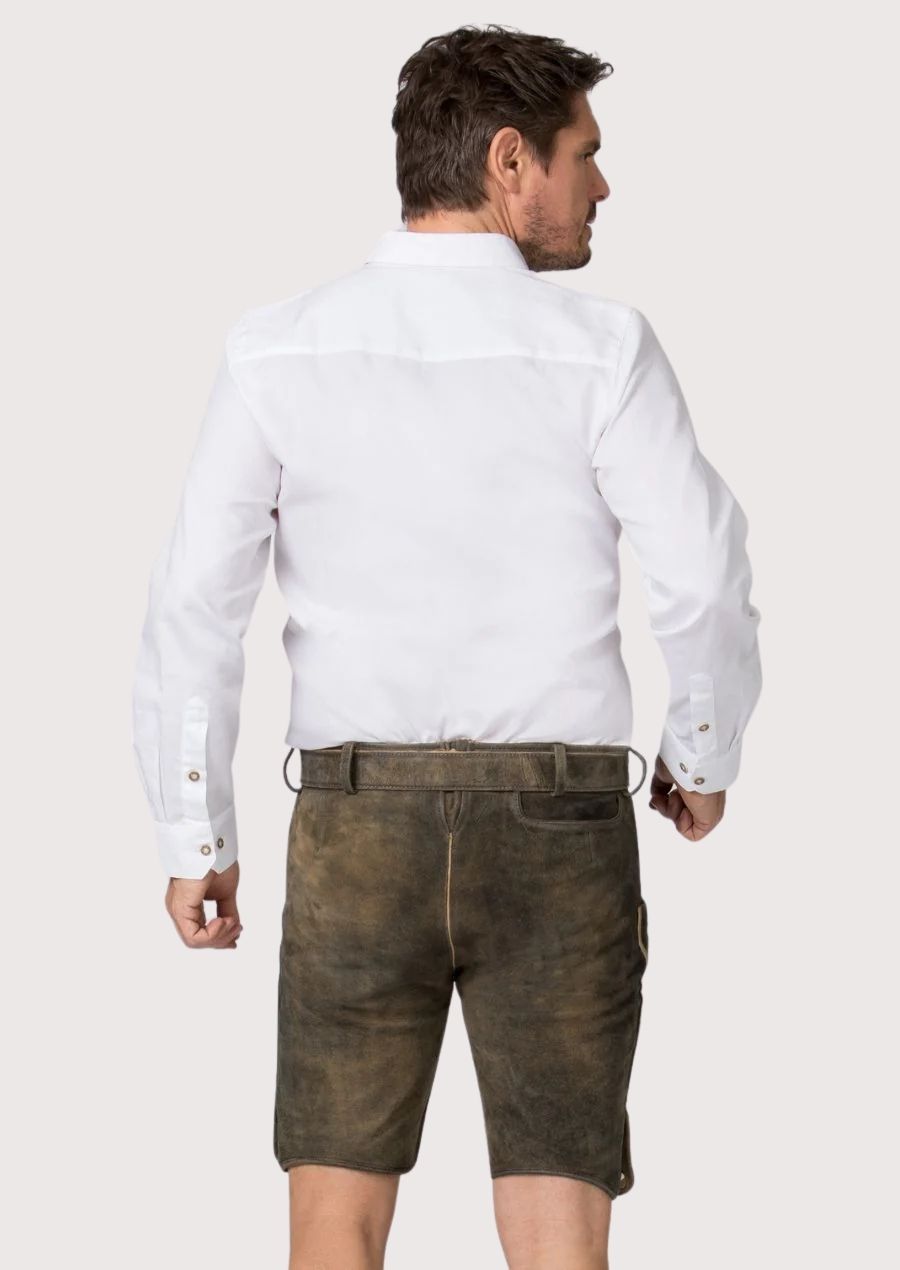 Traditional leather lederhosen shorts designed for Oktoberfest with detailed Alpine embroidery