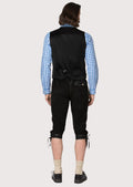 Traditional Bavarian-style Lederhosen vest in blue velvet with green piping, featuring horn buttons for a perfect fit at Oktoberfest and other cultural events.