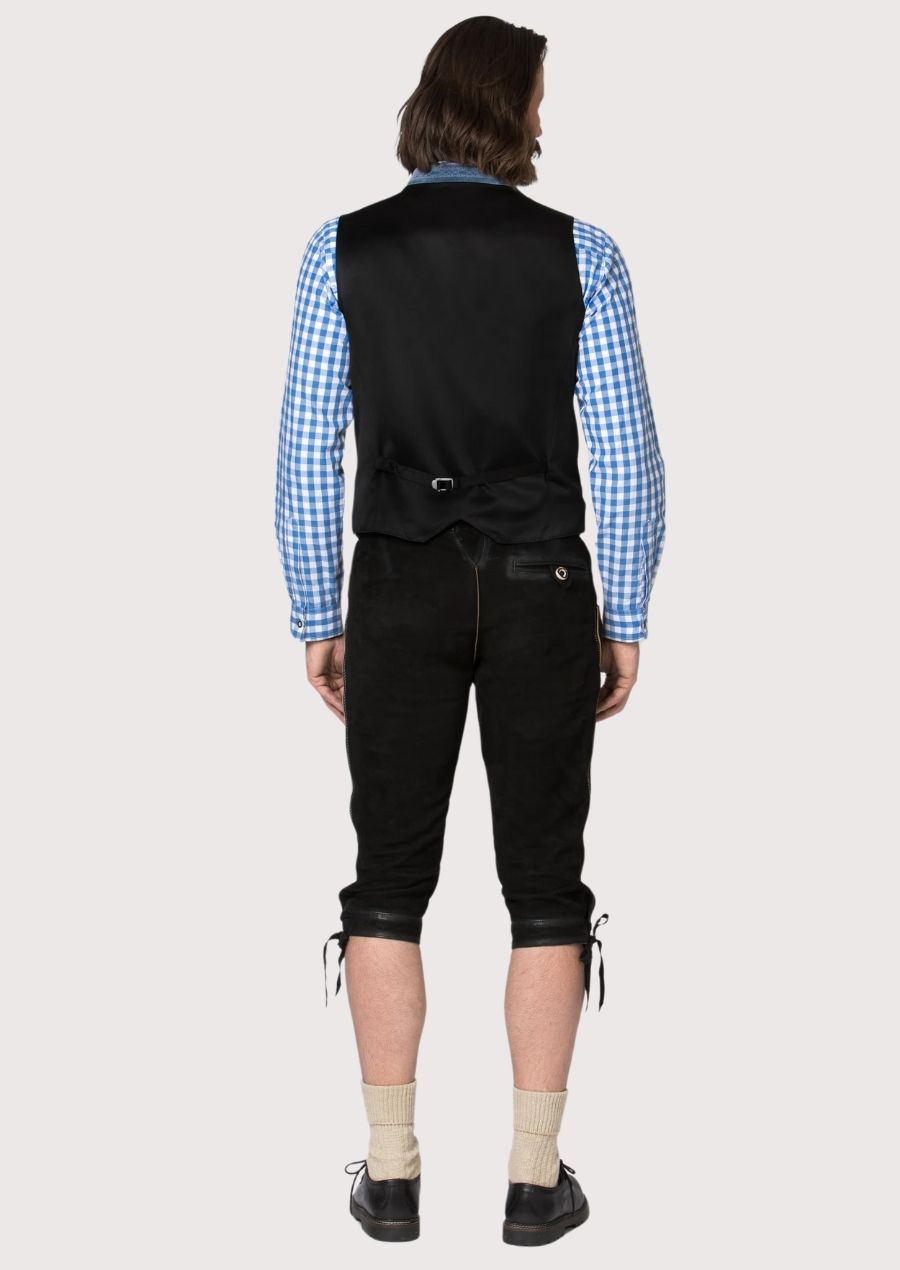 Traditional Bavarian-style Lederhosen vest in blue velvet with green piping, featuring horn buttons for a perfect fit at Oktoberfest and other cultural events.