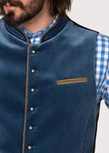 Authentic German Lederhosen vest with contrasting brown velvet piping, ideal for Oktoberfest, beer festivals, and Bavarian weddings.