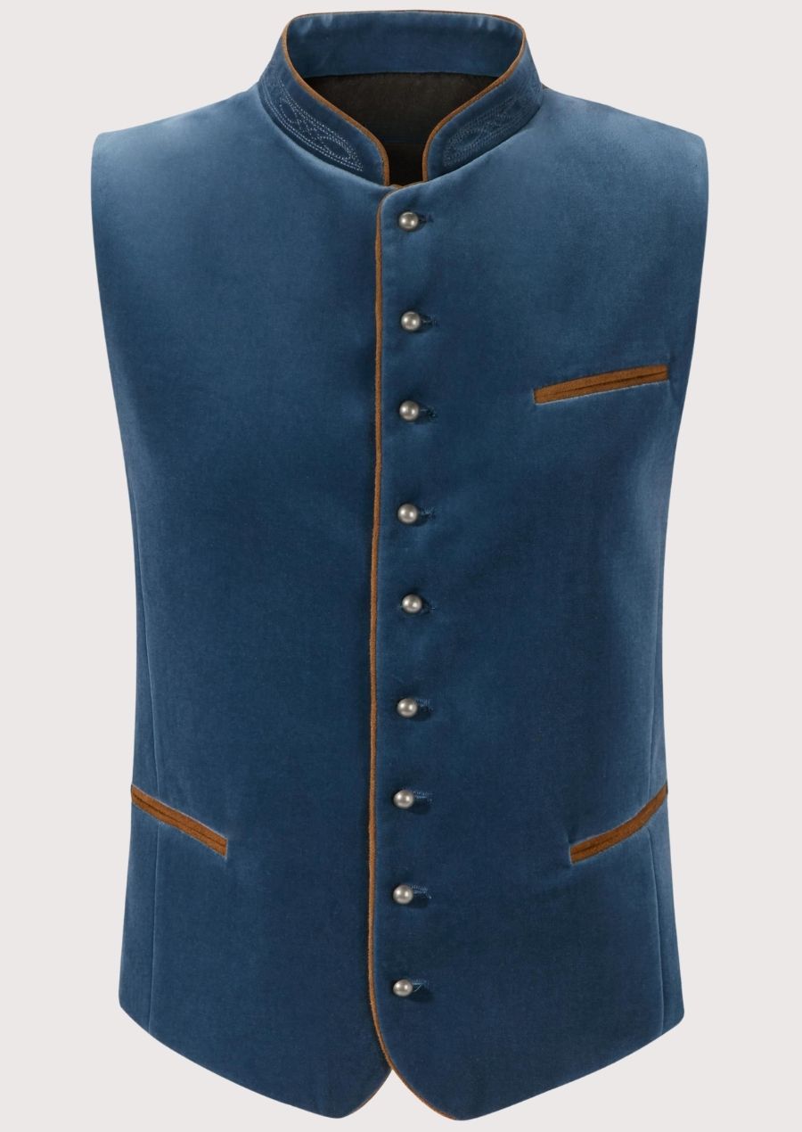Traditional Lederhosen Vest in blue velvet with brown piping for authentic Bavarian style, perfect for Oktoberfest and cultural events.