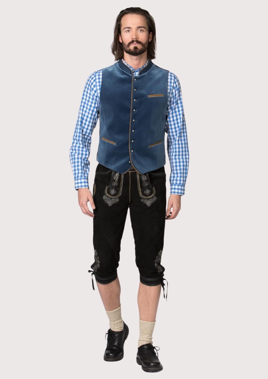 Men’s Lederhosen vest in blue velvet with metallic buttons, designed for Oktoberfest and German cultural celebrations