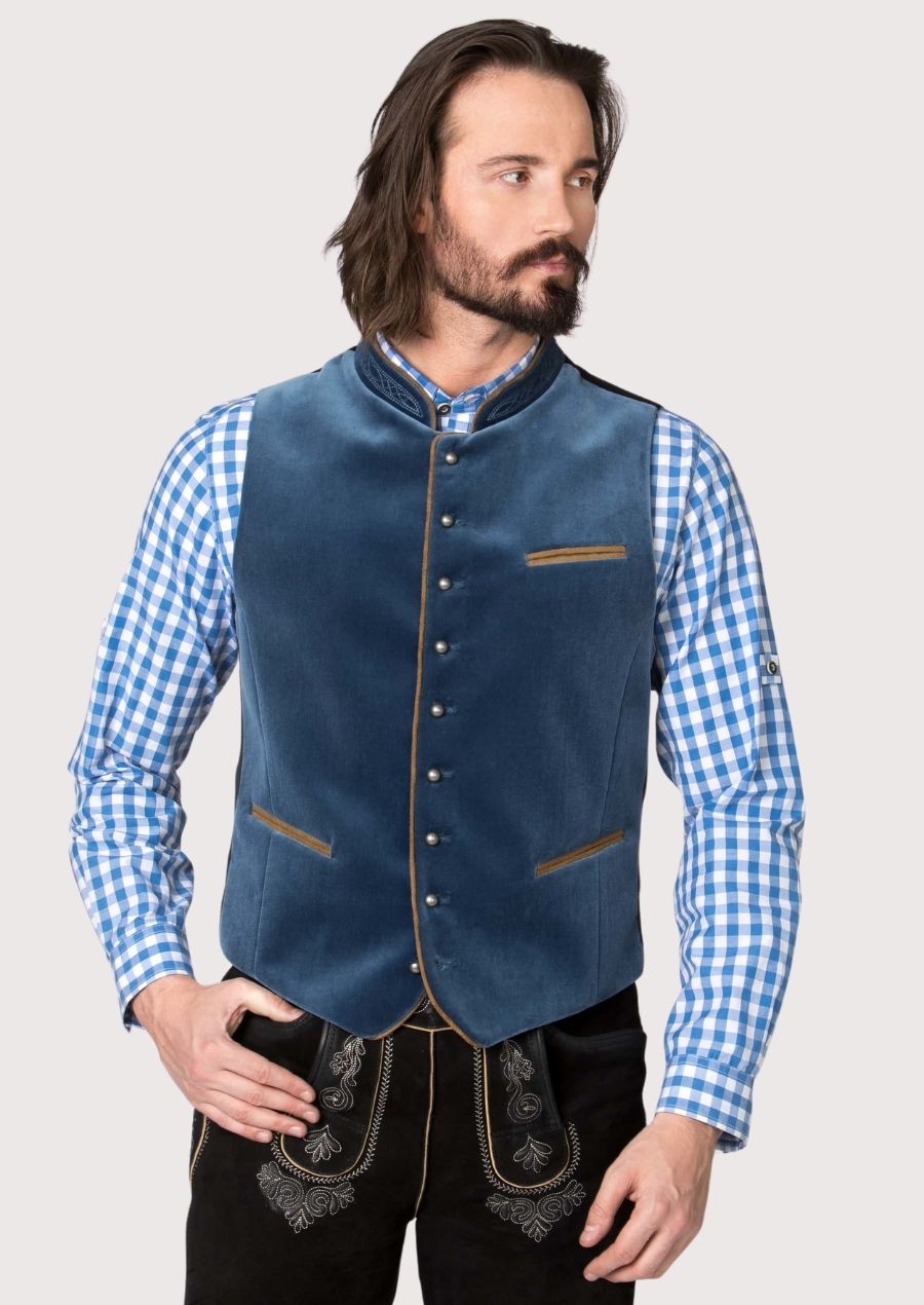 Traditional Lederhosen Vest in blue velvet with brown piping for authentic Bavarian style, perfect for Oktoberfest and cultural events.