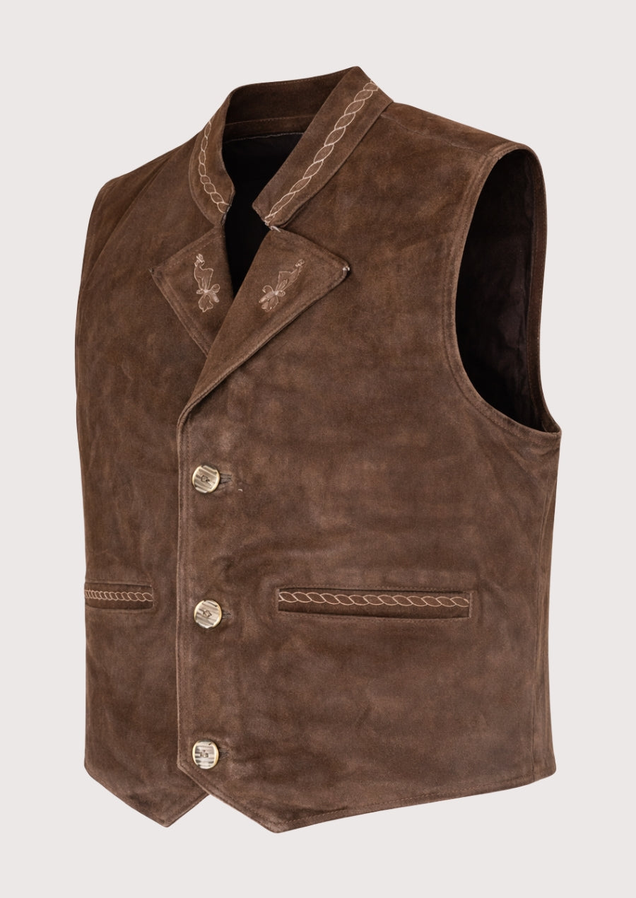 Rustic brown leather Bavarian vest with traditional alpine design