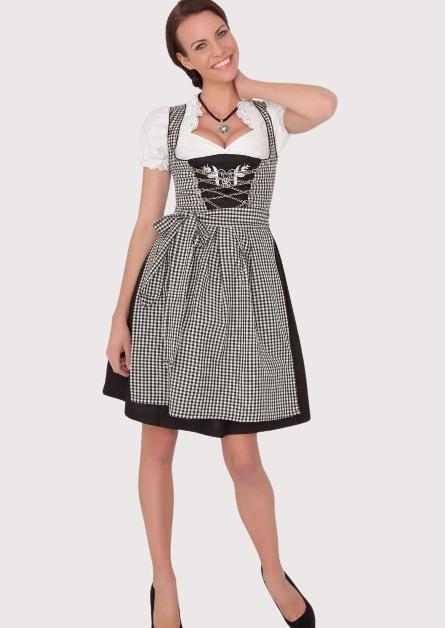 Traditional long dirndl dress with black and white gingham pattern, perfect for Oktoberfest and cultural celebrations.