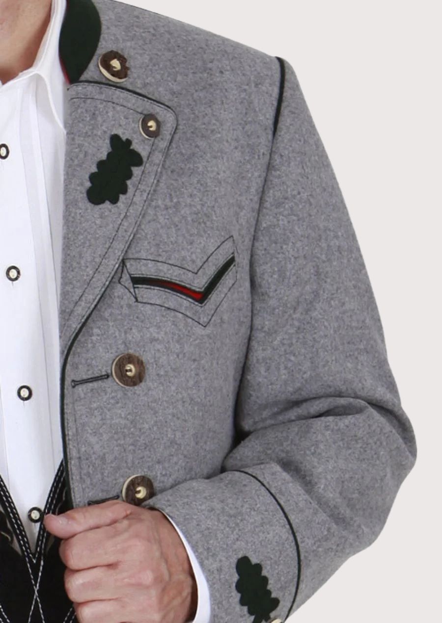Classic grey Bavarian jacket for men with green embroidery and golden buttons, ideal for Oktoberfest and traditional celebrations.

