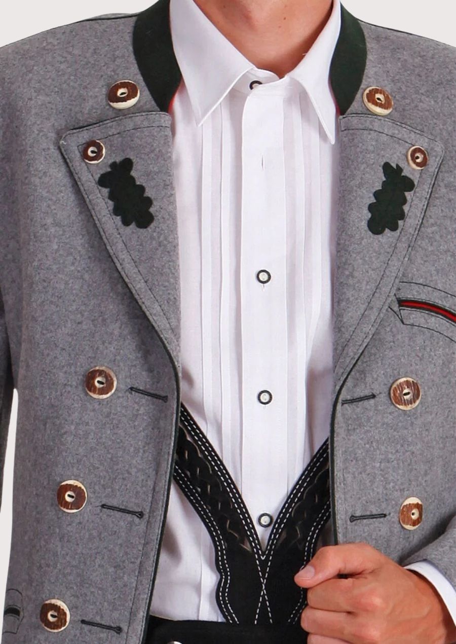 Elegant men's Bavarian jacket in grey wool with embroidered accents and modern fit, designed for weddings and cultural festivals.

