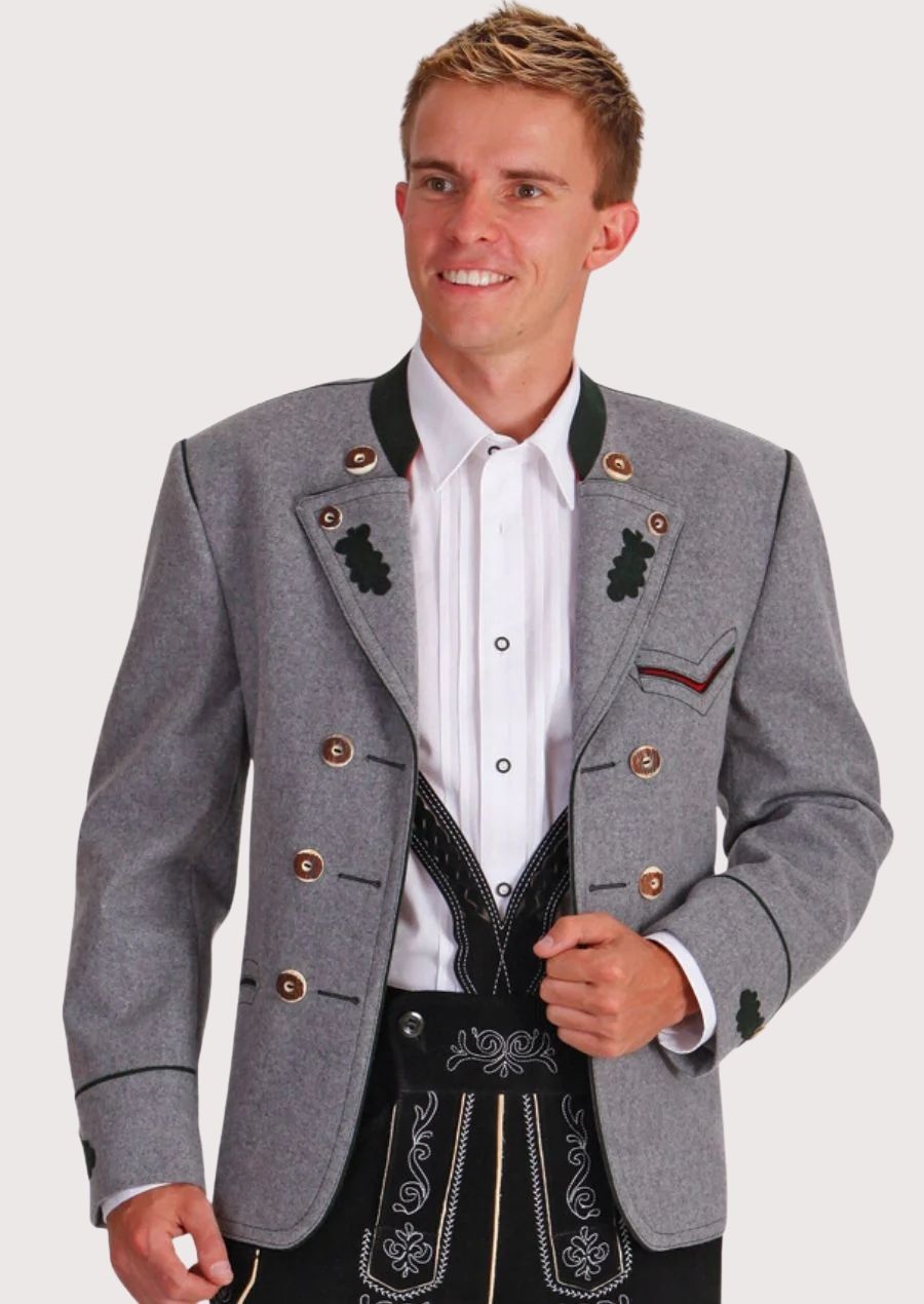 Traditional Men's Bavarian Jacket in grey with oak leaf embroidery and golden buttons, ideal for Oktoberfest and cultural celebrations.

