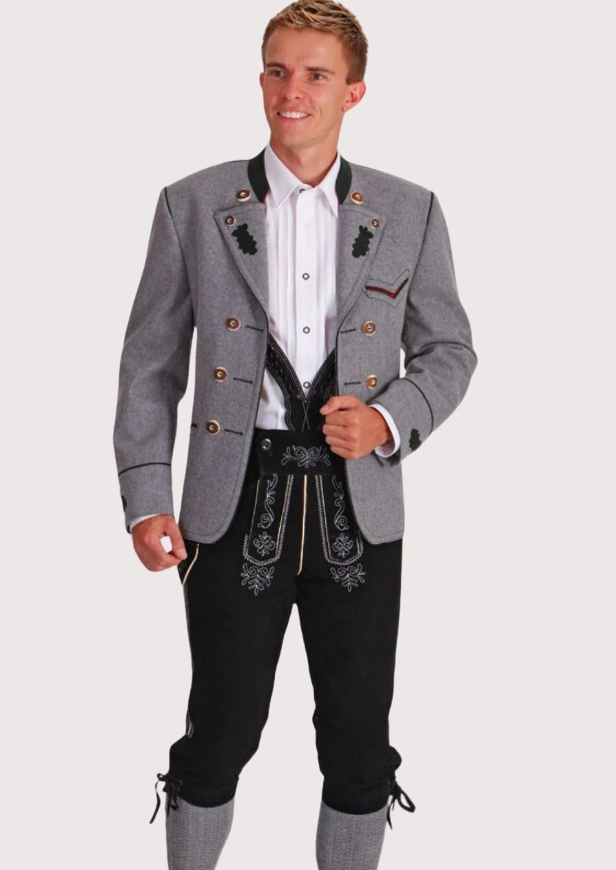Traditional Men's Bavarian Jacket in grey with oak leaf embroidery and golden buttons, ideal for Oktoberfest and cultural celebrations.

