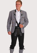 Traditional Men's Bavarian Jacket in grey with oak leaf embroidery and golden buttons, ideal for Oktoberfest and cultural celebrations.

