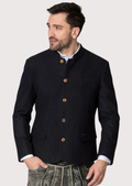 Traditional Bavarian navy blue trachten jacket with stand collar.