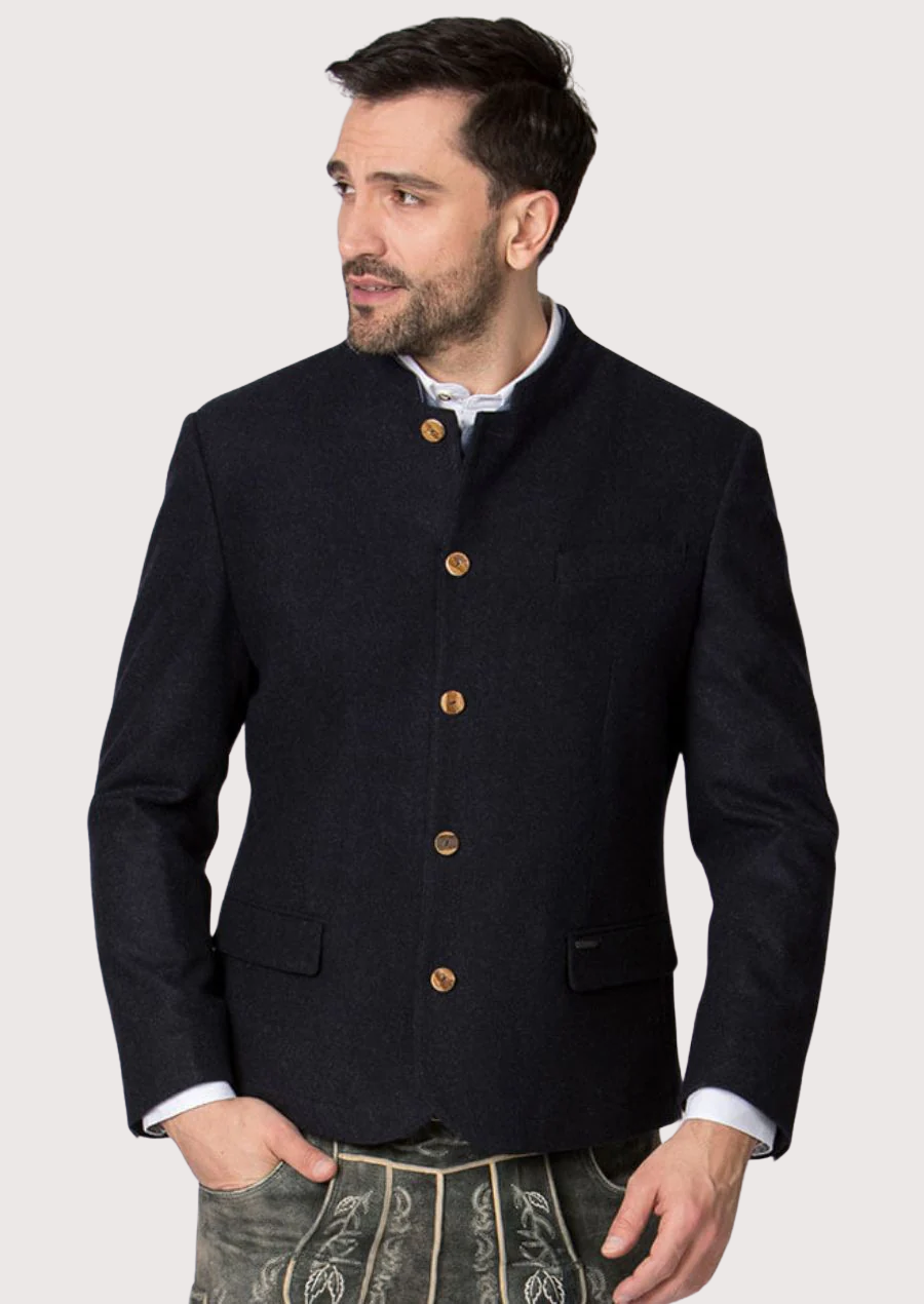 Traditional Bavarian navy blue trachten jacket with stand collar.
