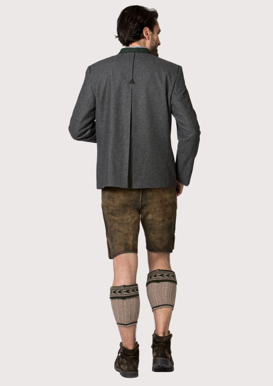 Traditional Oktoberfest jacket in grey with green trim and stand collar.