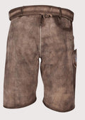 Rustic brown suede lederhosen with decorative blue embroidery and classic German heritage detailing