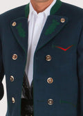 Traditional Oktoberfest Trachten jacket in navy blue with green collar accents, decorative embroidery, and tailored fit.