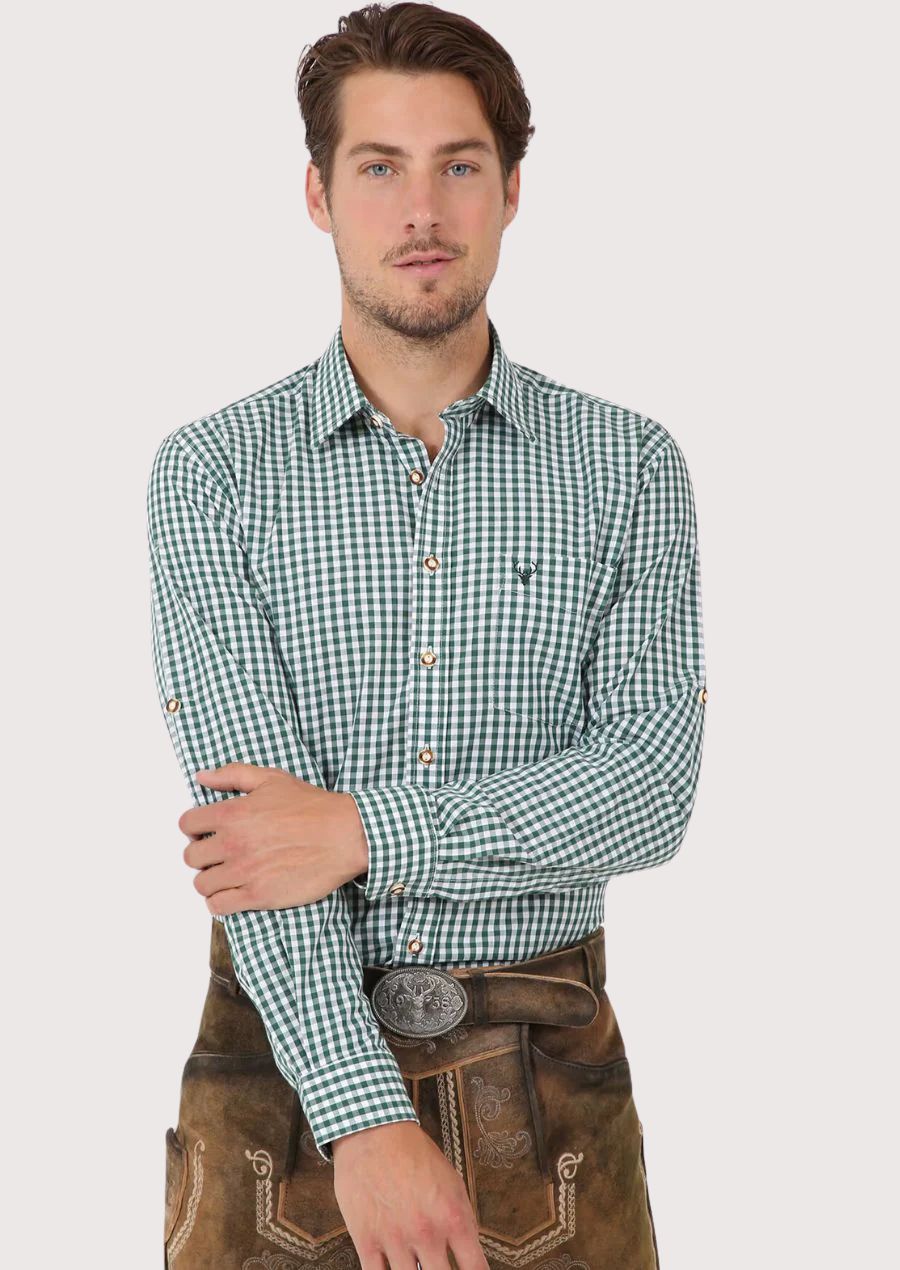 Traditional German Trachten shirt with rolled-up sleeves and embroidered stag logo


