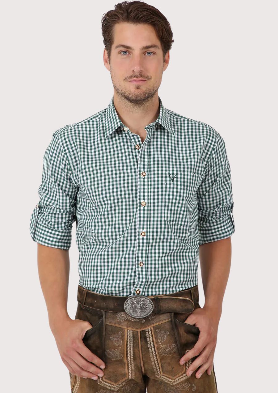 Traditional German Trachten shirt with rolled-up sleeves and embroidered stag logo



