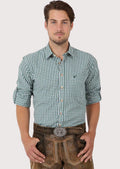 Traditional German Trachten shirt with rolled-up sleeves and embroidered stag logo


