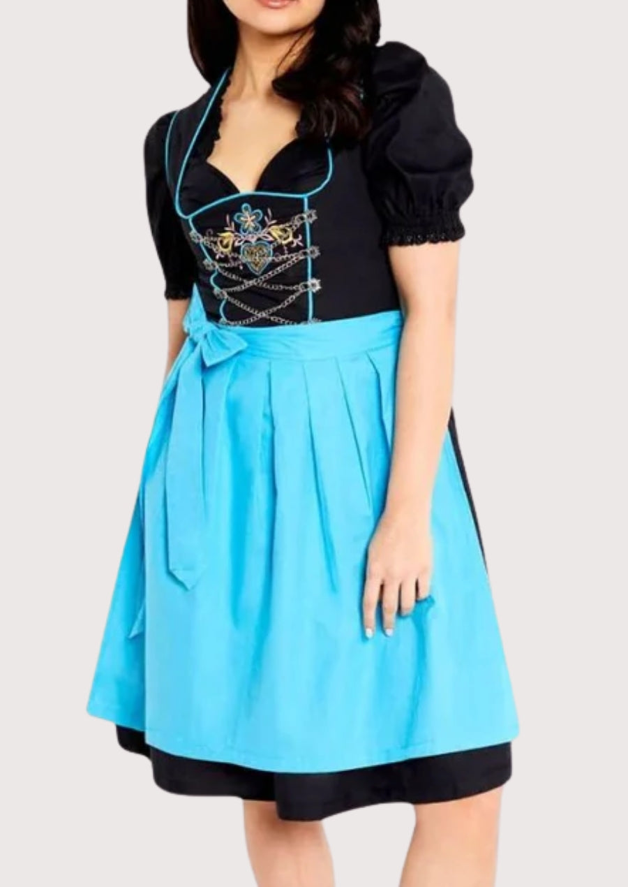 Turquoise blue dirndl dress with black bodice, decorative embroidery, lace-up front, puff sleeves, and traditional Alpine women’s fashion style.