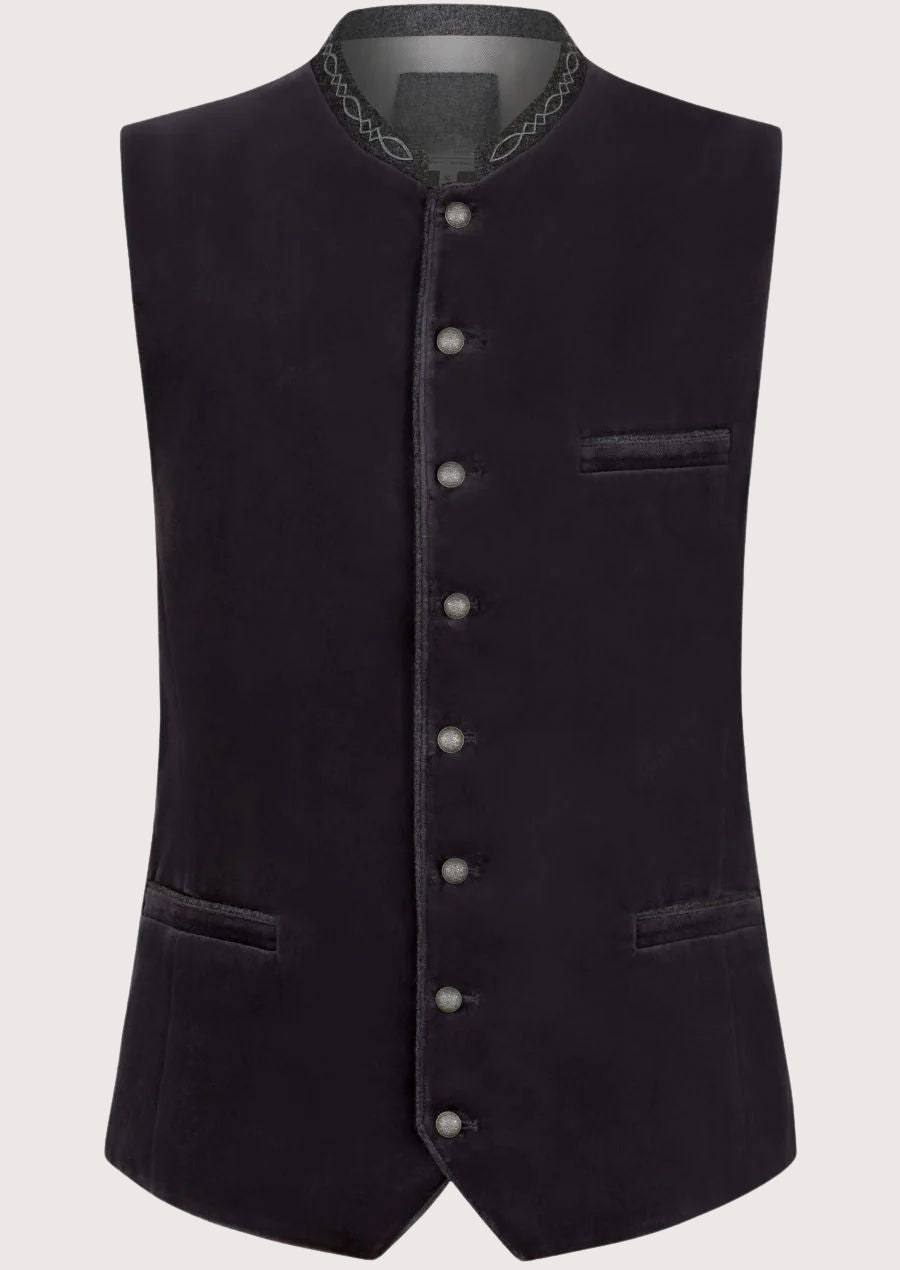 Velvet Trachten Vest Charcoal Men with embroidered stand collar, silver buttons, premium Bavarian waistcoat, Oktoberfest clothing, traditional German fashion.